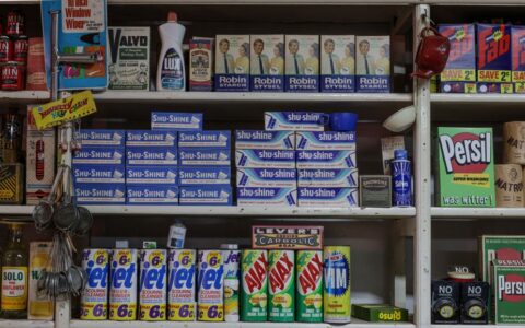 Explore nostalgic retro products on a vintage grocery store shelf.