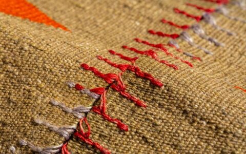 Detailed image showcasing the intricate texture and design of woven fabric with red stitching.