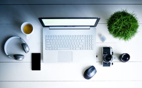Overhead view of a desk with laptop, camera, lenses, and coffee in a minimalist setting.